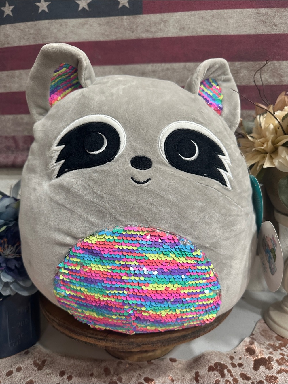 Squishmallows Gray Raccoon with Rainbow Sequin Belly